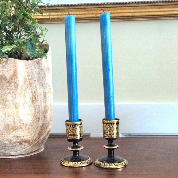 Elegant Black & Gold Hand Painted Khokhloma Russian Folk Art Candle Holders - Picture 1 of 9